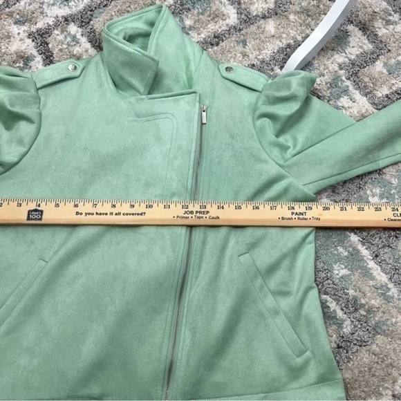 LC Lauren Conrad Moto Jacket womens size medium green zip up puff sleeve - Picture 10 of 12